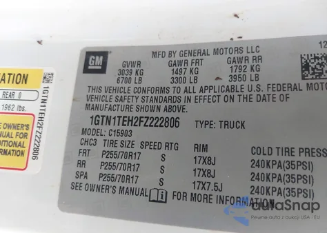 2015 GMC Sierra 1500 from USA, damaged, VIN 1GTN1TEH2FZ222806